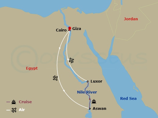 14 Night - Egypt in Depth - Sun Boat III Tours - Starting in Giza (Cairo), Giza, Giza / Aswan, Aswan, Aswan / Nile Cruise, Nile Cruise, Nile Cruise / Luxor, Luxor / Red Sea, Red Sea, Red Sea / Cairo, Cairo itinerary map