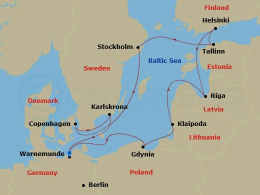 MSC Magnifica - 11 Night - Northern Europe - MSC Magnifica - Starting in Warnemunde (Berlin), Germany, Gdynia (Gdansk), Poland, Klaipeda, Lithuania, Riga, Latvia, Helsinki, F.. itinerary map