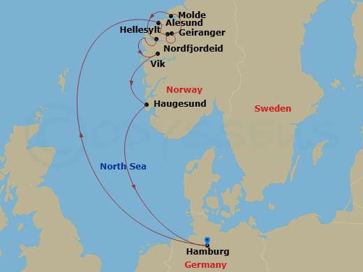 Costa Favolosa - 9 Night - North Europe from Hamburg - Costa Favolosa - Starting in Hamburg, Alesund, Hellesylt Tech Call, Geiranger, Norway, Molde, Nordfjordeid, Vik-sogn, Ha.. itinerary map