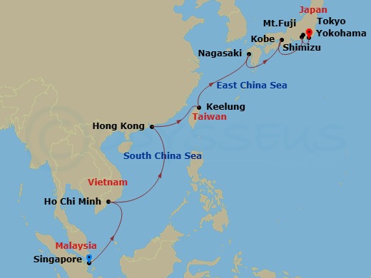 RCL Ovation Of The Seas - 14 Night - Singapore to Tokyo Cruise - RCL Ovation Of The Seas - Starting in Singapore, Ho Chi Minh (Phu My), Vietnam, Hong Kong, China, Taipei (Keelung), Tai.. itinerary map