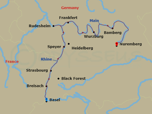 Avalon Expression - 9 Night - Christmastime from Basel to Nuremberg - Avalon Expression - Starting in Basel, Switzerland (Embarkation), Breisach, Germany Excursion to Black Fores.. itinerary map