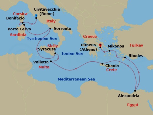 14 Night - Italy, Greek Isles & the Pyramids Loyalty Departure - Scenic Ikon - Starting in Civitavecchia (Rome), Italy, Bonifacio, Corsica, France, Porto Cervo, Sardinia, Italy, Sorrento, Italy, Syracuse IT, Italy, Valletta, Malta, Chania, Crete, Greece, Alexandria EG, Rhodes, Greece, Mykonos, Greece, Piraeus (Athens), Greece itinerary map
