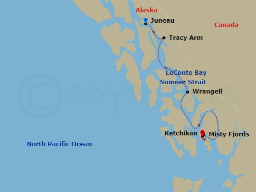 National Geographic Sea Lion Cruise Tours - 5 Night - Alaska Escape : Leconte Bay, Wrangell and Misty Fjords - National Geographic Sea Lion Cruise Tours - Starting in Juneau / Embark Ship, LeConte Bay o.. itinerary map