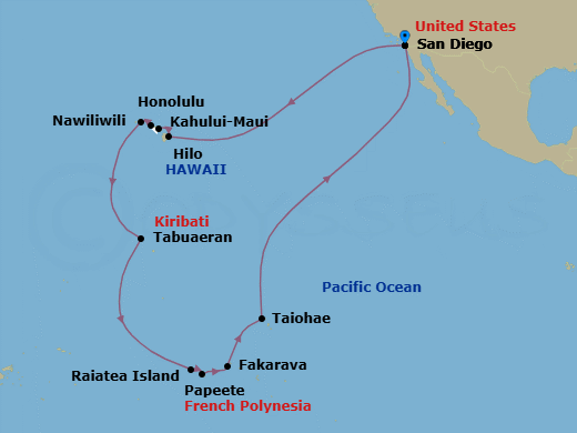 35 Night - Hawaii, Tahiti & Marquesas Legendary Voyage - Koningsdam - Starting in San Diego, California, Hilo, Hawaii, Kahului, Maui, Honolulu, Hawaii, Nawiliwili, Kauai, Hawaii, Cross International Dateline, Tabuaeran (Fanning Island), Kiribati, Crossing the Equator, Cross International Dateline, Raiatea, Society Islands, French Polynesia, Papeete, French Polynesia, Bahia d Opunoha, Moorea, French Polynesia, Fakarava, Tuamotu, French Polynesia, Taiohae, Nuku Hiva, French Polynesia, Crossing the Equator, San Diego, California itinerary map