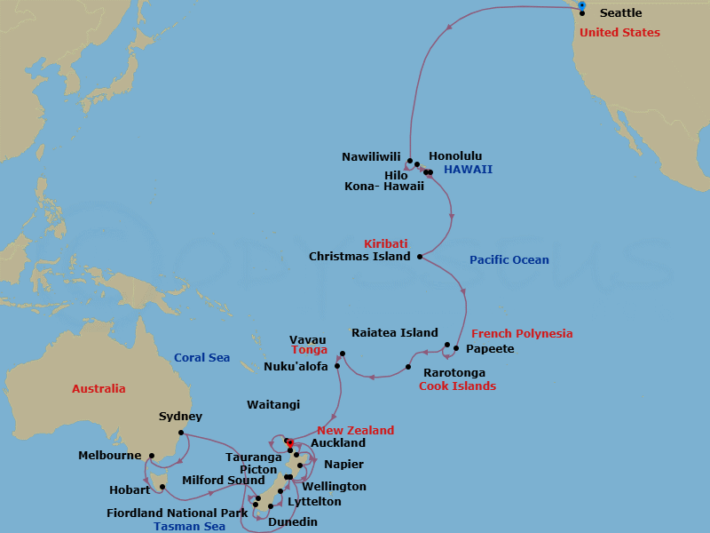 49 Night - South Pacific Crossing & New Zealand Collector - Westerdam - Starting in Seattle, Washington, Nawiliwili, Kauai, Hawaii, Honolulu, Hawaii, Hilo, Hawaii, Kona, Hawaii, Cross International Dateline, Kiritimati (Christmas Island), Kiribati, Cross International Dateline, Crossing the Equator, Papeete, French Polynesia, Bahia d Opunoha, Moorea, French Polynesia, Raiatea, Society Islands, French Polynesia, Rarotonga, Cook Islands, Cross International Dateline, Vavau, Tonga, Nuku Alofa, Tonga, Waitangi (Bay of Islands), New Zealand, Auckland, New Zealand, Wellington, New Zealand, Sydney AU, Melbourne, Australia, Hobart, Tasmania, Australia, Milford Sound, New Zealand, Cruising Fiordland Natl Park, Port Chalmers (Dunedin), New Zealand, Lyttelton (Christchurch), New Zealand, Picton, New Zealand, Wellington, New Zealand, Napier, New Zealand, Tauranga (Rotorua), New Zealand, Auckland, New Zealand itinerary map