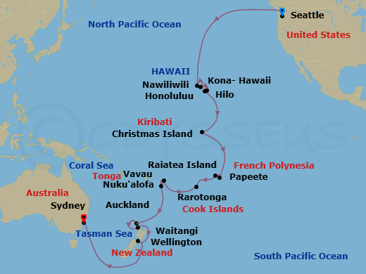 35 Night - Legendary South Pacific Crossing : Honolulu & Tahiti - Westerdam - Starting in Seattle, Washington, Nawiliwili, Kauai, Hawaii, Honolulu, Hawaii, Hilo, Hawaii, Kona, Hawaii, Cross International Dateline, Kiritimati (Christmas Island), Kiribati, Cross International Dateline, Crossing the Equator, Papeete, French Polynesia, Bahia d Opunoha, Moorea, French Polynesia, Raiatea, Society Islands, French Polynesia, Rarotonga, Cook Islands, Cross International Dateline, Vavau, Tonga, Nuku Alofa, Tonga, Waitangi (Bay of Islands), New Zealand, Auckland, New Zealand, Wellington, New Zealand, Sydney AU itinerary map