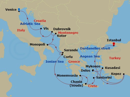 Scenic Ikon - 14 Night - Iconic Greek Islands & Gallipoli Peninsula - Scenic Ikon - Starting in Venice, Italy, Vis, Croatia, Dubrovnik, Croatia, Kotor, Montenegro, Monopoli.. itinerary map
