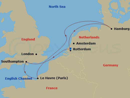 6 Night - Northern Europe - MSC Preziosa - Starting in Rotterdam (Amsterdam), Netherlands, Southampton (London), United Kingdom, Le Havre (Paris), France, Hamburg, Germany, Rotterdam (Amsterdam), Netherlands itinerary map