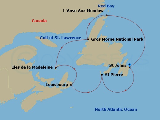 National Geographic Explorer - 9 Night - The Canadian Maritimes and Newfoundland - National Geographic Explorer - Starting in St Johns NF, Newfoundland / Embark Ship, St-Pierre, France, Lou.. itinerary map