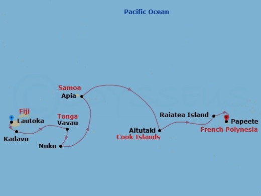 13 Night - Polynesia & Melanesia : Island Cultures & Coral Reefs - Seabourn Pursuit - Starting in Lautoka, Fiji, Kadavu, Fiji, Vavau, Tonga, Nukupule Island, Haapai Group, Tonga, Apia, Upolu, Samoa, Cross International Dateline, Aitutaki, Cook Islands, Raiatea, Society Islands, French Polynesia, Maroe Bay, Huahine Iti, French Polynesia, Papeete, French Polynesia itinerary map