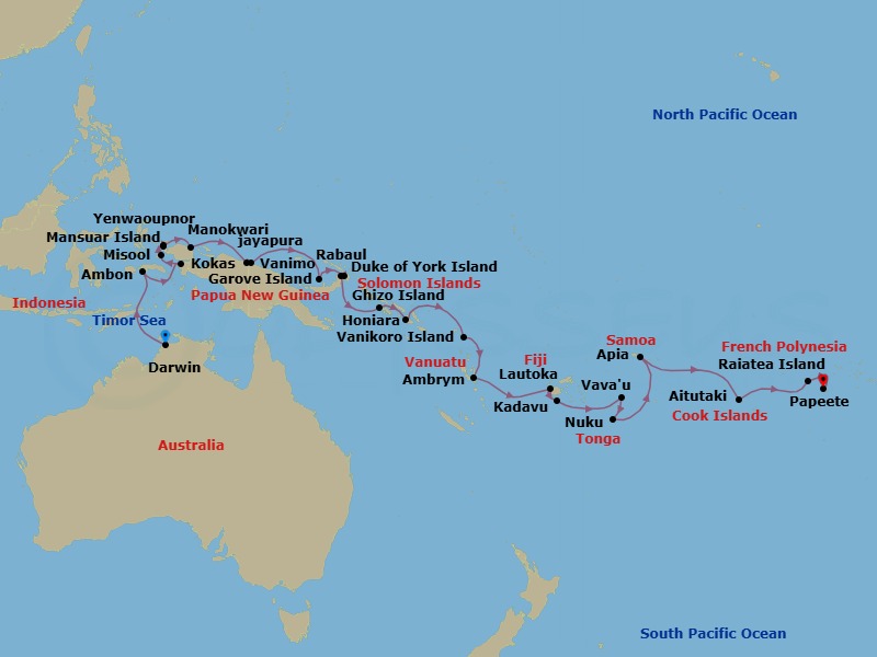 35 Night - Indonesia, New Guinea & Cultures of Oceania - Seabourn Pursuit - Starting in Darwin, Australia, Ambon, Indonesia, Kokas, Indonesia, Misool, Yapap Lagoon, Indonesia, Yenwapunor, Gam Island, Indonesia, Mansuar Island, Indonesia, Manokwari, Indonesia, Cenderawasih Bay, Indonesia, Jayapura, Indonesia, Vanimo, Papua New Guinea, Garove Island, Papua New Guinea, Duke of York Island, Papua New Guinea, Rabaul, Papua New Guinea, Ghizo Island, Solomon Islands, Honiara, Guadalcanal, Solomon Islands, Vanikoro, Solomon Islands, Ambrym, Vanuatu, Lautoka, Fiji, Kadavu, Fiji, Vavau, Tonga, Nukupule Island, Haapai Group, Tonga, Apia, Upolu, Samoa, Cross International Dateline, Aitutaki, Cook Islands, Raiatea, Society Islands, French Polynesia, Maroe Bay, Huahine Iti, French Polynesia, Papeete, French Polynesia itinerary map