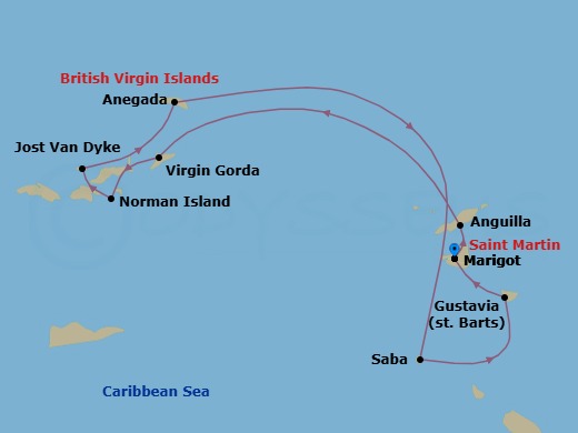 7 Night - Cruising the Leeward Islands - Emerald Azzurra - Starting in Marigot, Saint Martin, Marigot, Saint Martin, Anguilla, Virgin Gorda / Norman Island, British Virgin Islands, Norman Island / Jost van Dyke, British Virgin Islands, Anegada, British Virgin Islands, Saba, Bonaire, Saint Eustatius and Saba / Gustavia, Saint Barthelemy, Gustavia, Saint Barthelemy, Marigot, Saint Martin itinerary map