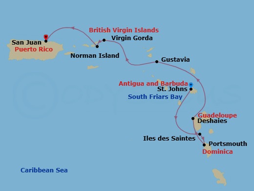 9 Night - Colours of the Caribbean : Antigua to San Juan - Emerald Kaia - Starting in St Johns AG, Antigua, South Friars Bay, St Kitts, Iles des Saintes, Guadeloupe / Portsmouth DM, Dominica, Portsmouth DM, Dominica, Deshaies, Guadeloupe, Gustavia, Saint Barthelemy, Gorda Sound, Virgin Gorda / Norman Island, British Virgin Islands, Norman Island, British Virgin Islands, San Juan, Puerto Rico itinerary map