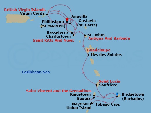 21 Night - Epic Voyage : Barbados to Sint Maarten - Emerald Sakara - Starting in Bridgetown, Barbados, Bridgetown / Speightstown, Barbados, Kingstown / Bequia Island, Saint Vincent and the Grenadines, Bequia Island / Mayreau Island, Saint Vincent and the Grenadines, Mayreau Island / Union Island, Saint Vincent and the Grenadines, Union Island, Saint Vincent and the Grenadines, Union Island / Tobago Cays, Saint Vincent and the Grenadines, Bridgetown, Barbados, Soufriere, Saint Lucia, Iles des Saintes, Guadeloupe, St Johns AG, Antigua, Charlestown, Saint Kitts and Nevis, Gustavia, Saint Barthelemy, Virgin Gorda, British Virgin Islands, Philipsburg, Sint Maarten, Basseterre, St Kitts and Nevis, Anguilla, Virgin Gorda, British Virgin Islands, Gustavia, Saint Barthelemy, Philipsburg, Sint Maarten itinerary map
