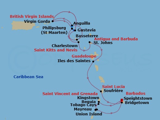 21 Night - Epic Voyage : Sint Maarten to Barbados - Emerald Sakara - Starting in Philipsburg, Sint Maarten, Basseterre, St Kitts and Nevis, Anguilla, Virgin Gorda, British Virgin Islands, Gustavia, Saint Barthelemy, Philipsburg, Sint Maarten, Virgin Gorda, British Virgin Islands, Gustavia, Saint Barthelemy, Charlestown, Saint Kitts and Nevis, St Johns AG, Antigua, Iles des Saintes, Guadeloupe, Soufriere, Saint Lucia, Bridgetown, Barbados, Bridgetown / Speightstown, Barbados, Kingstown / Bequia Island, Saint Vincent and the Grenadines, Bequia Island / Mayreau Island, Saint Vincent and the Grenadines, Mayreau Island / Union Island, Saint Vincent and the Grenadines, Union Island, Saint Vincent and the Grenadines, Union Island / Tobago Cays, Saint Vincent and the Grenadines, Bridgetown, Barbados itinerary map