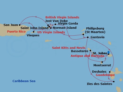14 Night - Discover the Yachting Islands of the Caribbean - Emerald Kaia - Starting in St Johns AG, Antigua, Basseterre, St Kitts and Nevis, Iles des Saintes, Guadeloupe, Deshaies, Guadeloupe, Gustavia, Saint Barthelemy, Virgin Gorda, British Virgin Islands, Norman Island, British Virgin Islands, San Juan, Puerto Rico, Vieques Island, Puerto Rico, St John VI, US Virgin Islands / Jost Van Dyke, British Virgin Islands, Jost van Dyke, British Virgin Islands, Philipsburg, Sint Maarten / Gustavia, Saint Barthelemy, Gustavia, Saint Barthelemy, Little Bay, Montserrat / St Johns AG, Antigua, St Johns AG, Antigua itinerary map