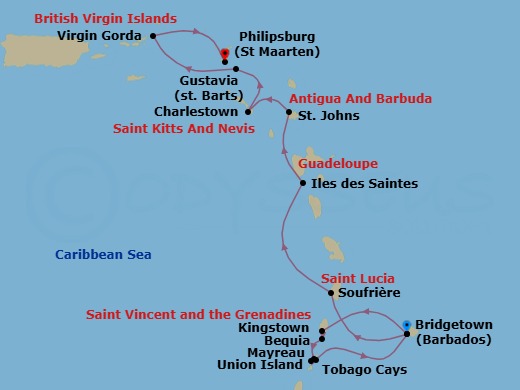 14 Night - Discover Eastern Caribbean & Grenadines - Emerald Sakara - Starting in Bridgetown, Barbados, Bridgetown / Speightstown, Barbados, Kingstown / Bequia Island, Saint Vincent and the Grenadines, Bequia Island / Mayreau Island, Saint Vincent and the Grenadines, Mayreau Island / Union Island, Saint Vincent and the Grenadines, Union Island, Saint Vincent and the Grenadines, Union Island / Tobago Cays, Saint Vincent and the Grenadines, Bridgetown, Barbados, Soufriere, Saint Lucia, Iles des Saintes, Guadeloupe, St Johns AG, Antigua, Charlestown, Saint Kitts and Nevis, Gustavia, Saint Barthelemy, Virgin Gorda, British Virgin Islands, Philipsburg, Sint Maarten itinerary map