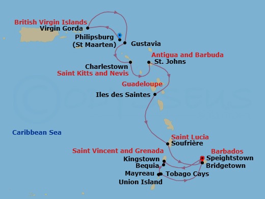 14 Night - Discover Eastern Caribbean & Grenadines - Emerald Sakara - Starting in Philipsburg, Sint Maarten, Virgin Gorda, British Virgin Islands, Gustavia, Saint Barthelemy, Charlestown, Saint Kitts and Nevis, St Johns AG, Antigua, Iles des Saintes, Guadeloupe, Soufriere, Saint Lucia, Bridgetown, Barbados, Bridgetown / Speightstown, Barbados, Kingstown / Bequia Island, Saint Vincent and the Grenadines, Bequia Island / Mayreau Island, Saint Vincent and the Grenadines, Mayreau Island / Union Island, Saint Vincent and the Grenadines, Union Island, Saint Vincent and the Grenadines, Union Island / Tobago Cays, Saint Vincent and the Grenadines, Bridgetown, Barbados itinerary map