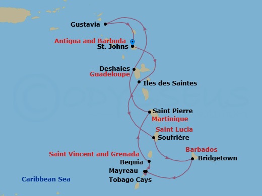 10 Night - Caribbean Enchantment : Roundtrip Antigua - Emerald Kaia - Starting in St Johns AG, Antigua, Iles des Saintes, Guadeloupe, Soufriere, Saint Lucia, Bridgetown, Barbados, Tobago Cays / Mayreau, Saint Vincent and the Grenadines, Mayreau Island / Bequia Island, Saint Vincent and the Grenadines, Bequia Island, Saint Vincent and the Grenadines, Saint-Pierre, Martinique, Deshaies, Guadeloupe, Gustavia, Saint Barthelemy, St Johns AG, Antigua itinerary map