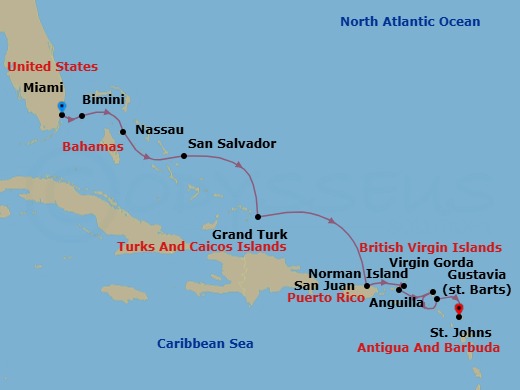 11 Night - Caribbean Breeze : Miami to Antigua - Emerald Kaia - Starting in Miami, Florida, Bimini, the Bahamas, Nassau, Bahamas, San Salvador Island, the Bahamas, Grand Turk, Turks and Caicos Islands, San Juan, Puerto Rico, Virgin Gorda / Norman Island, British Virgin Islands, Anguilla, Gustavia, Saint Barthelemy, St Johns AG, Antigua itinerary map