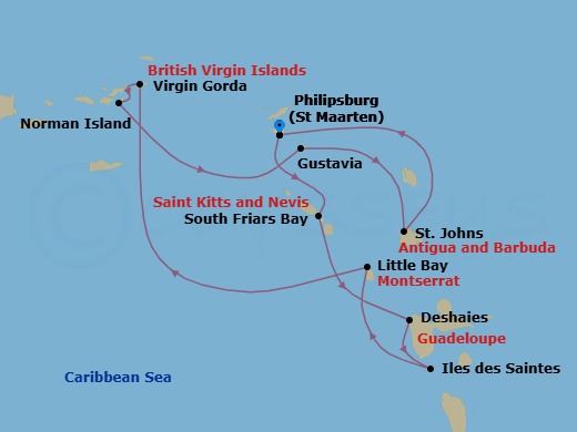 9 Night - Tropical Charms of the Caribbean - Emerald Sakara - Starting in Philipsburg, Sint Maarten, South Friars Bay, St Kitts, Deshaies, Guadeloupe, Iles des Saintes, Guadeloupe, Little Bay, Montserrat, Virgin Gorda / Norman Island, British Virgin Islands, Norman Island, British Virgin Islands, Gustavia, Saint Barthelemy, St Johns AG, Antigua, Philipsburg, Sint Maarten itinerary map