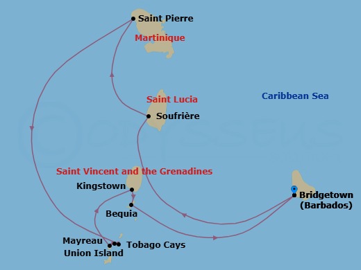 9 Night - Tropical Retreat : Roundtrip Bridgetown - Emerald Azzurra - Starting in Bridgetown, Barbados, Bridgetown / Speightstown, Barbados, Soufriere, Saint Lucia, Saint-Pierre, Martinique, Tobago Cays, Saint Vincent and the Grenadines, Mayreau Island / Union Island, Saint Vincent and the Grenadines, Union Island / Kingstown, Saint Vincent and the Grenadines, Kingstown / Bequia Island, Saint Vincent and the Grenadines, Bequia Island, Saint Vincent and the Grenadines, Bridgetown, Barbados itinerary map