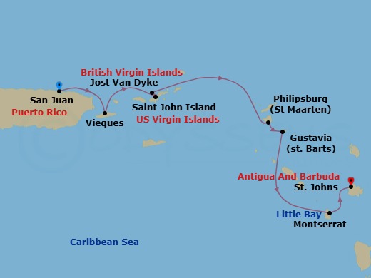 7 Night - Caribbean Yachting Hideaways - Emerald Kaia - Starting in San Juan, Puerto Rico, Vieques Island, Puerto Rico, St John VI, US Virgin Islands / Jost Van Dyke, British Virgin Islands, Jost van Dyke, British Virgin Islands, Philipsburg, Sint Maarten / Gustavia, Saint Barthelemy, Gustavia, Saint Barthelemy, Little Bay, Montserrat / St Johns AG, Antigua, St Johns AG, Antigua itinerary map