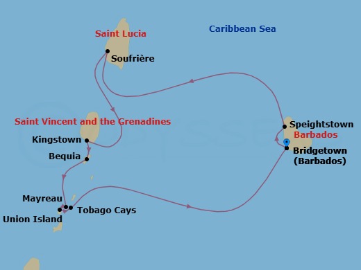 8 Night - Beaches of the Grenadines - Emerald Azzurra - Starting in Bridgetown, Barbados, Bridgetown / Speightstown, Barbados, Soufriere, St Lucia, Kingstown / Bequia Island, Saint Vincent and the Grenadines, Bequia Island / Mayreau Island, Saint Vincent and the Grenadines, Mayreau Island / Union Island, Saint Vincent and the Grenadines, Union Island, Saint Vincent and the Grenadines, Union Island / Tobago Cays, Saint Vincent and the Grenadines, Bridgetown, Barbados itinerary map