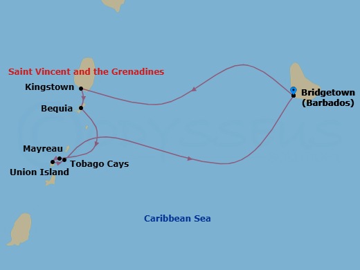 7 Night - Grenadines & Windwards Yachting - Emerald Azzurra - Starting in Bridgetown, Barbados, Bridgetown / Speightstown, Barbados, Kingstown / Bequia Island, Saint Vincent and the Grenadines, Bequia Island / Mayreau Island, Saint Vincent and the Grenadines, Mayreau Island / Union Island, Saint Vincent and the Grenadines, Union Island, Saint Vincent and the Grenadines, Union Island / Tobago Cays, Saint Vincent and the Grenadines, Bridgetown, Barbados itinerary map