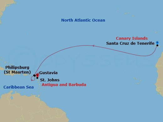 11 Night - Wellness Retreat : Spain to Antigua - Scenic Eclipse II - Starting in Santa Cruz de Tenerife, Philipsburg, St Maarten / Gustavia, Saint Barthelemy, Gustavia, Saint Barthelemy, St Johns AG, Antigua itinerary map