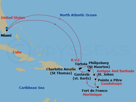 12 Night - Antillean Island Sojourn - Oceania Vista - Starting in Miami, Charlotte Amalie, Philipsburg, Gustavia, Fort-de-France, Pointe-a-Pitre, St Johns, Tortola, Miami itinerary map