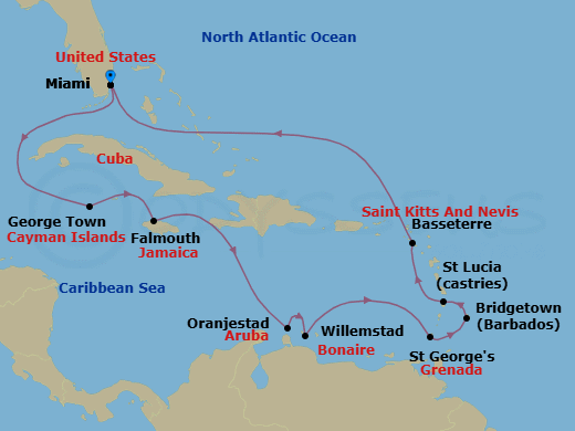 14 Night - Dutchman's Caribbean - Oceania Vista - Starting in Miami, George Town, Falmouth, Oranjestad, Willemstad AN, St Georges, Bridgetown, Castries, Basseterre, Miami itinerary map