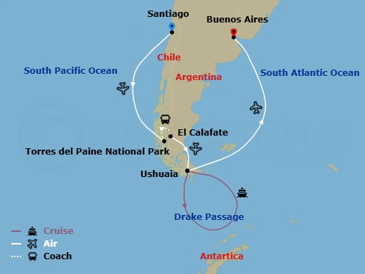 19 Night - Wonders of Patagonia and Antarctica - Cruise & Land Journey - Scenic Eclipse II - Starting in Santiago, Chile, Santiago / Torres del Paine National Park, Torres del Paine National Park, Torres del Paine National Park / El Calafate, Argentina, El Calafate, El Calafate / Ushuaia, Antarctica, At Sea / Ushuaia, Ushuaia, Argentina / Buenos Aires itinerary map