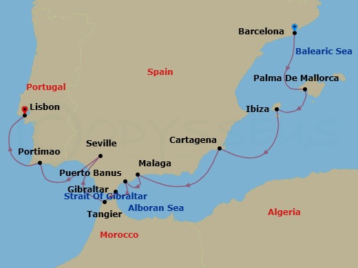 11 Night - Iberian Discovery : Spain and Portugal with Morocco - Scenic Eclipse II - Starting in Barcelona, Spain, Palma De Mallorca, Spain, Ibiza, Spain, Cartagena ES, Malaga, Spain, Puerto Banus (Marbella), Spain, Gibraltar, United Kingdom / Transit Strait of Gibraltar, Tangier, Morocco, Seville, Spain, Portimao, Portugal, Lisbon, Portugal itinerary map