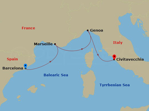MSC World Asia - 3 Night - Bcn - MSC World Asia - Starting in Barcelona, Spain, Marseille (Provence), France, Genoa (Portofino), Italy, Civitavecchia (Rome), Italy itinerary map