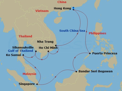 Costa Serena - 15 Night - Far East from Hongkong - Costa Serena - Starting in Hong Kong, Nha Trang, Phu My, Vietnam, Sihanoukville, Cambodia, Koh Samui, Thailand, Singapore,.. itinerary map