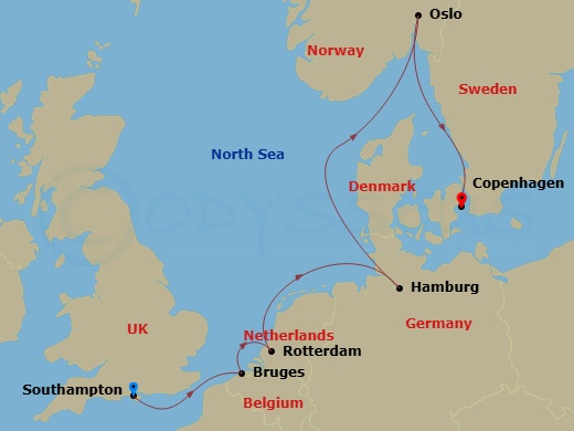 Crystal Serenity - 9 Night - Baltic & Northern Europe - Crystal Serenity - Starting in Southampton, Zeebrugge, Rotterdam, Hamburg, Oslo, Copenhagen itinerary map