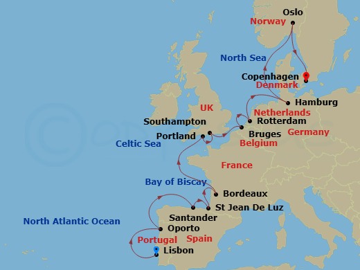 Crystal Serenity - 19 Night - Baltic & Northern Europe - Crystal Serenity - Starting in Lisbon, Oporto (Leixoes), Santander, Saint-Jean-de-Luz, Bordeaux, Portland UK, Southampto.. itinerary map