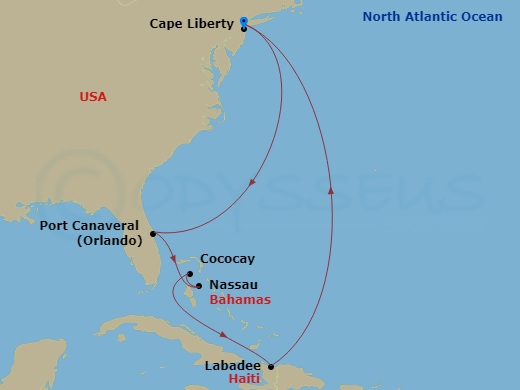 RCL Oasis of the Seas - 9 Night - Eastern Caribbean & Perfect Day - RCL Oasis of the Seas - Starting in Cape Liberty, Nj (Ny Metro), Orlando (Port Canaveral), Fl, Nassau, Bahamas, Pe.. itinerary map