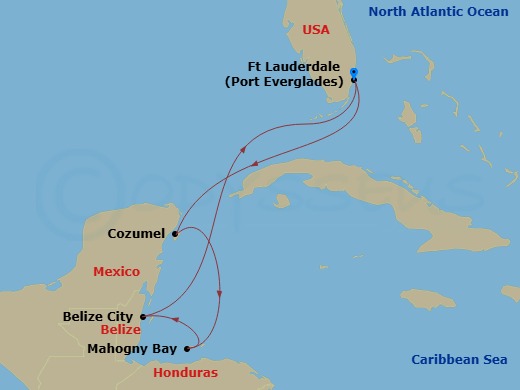 Sun Princess - 7 Night - Western Caribbean with Mexico - Sun Princess - Starting in Fort Lauderdale, Florida, Cozumel, Mexico, Roatan (Mahogany Bay, Honduras), Belize City,.. itinerary map