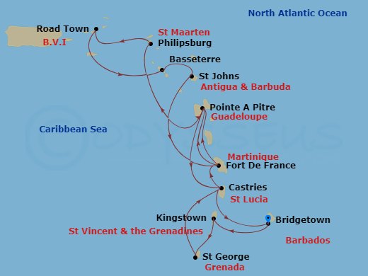 MSC Virtuosa - 14 Night - South Caribbean - MSC Virtuosa - Starting in Bridgetown, Barbados, Kingstown, St Vincent and the Grenadines, Saint George, Grenada, Castries, Saint.. itinerary map
