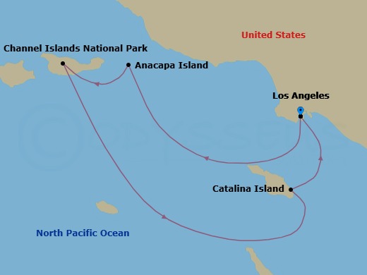 4 Night - Discovering Channel Islands National Park : a Voyage - National Geographic Venture - Starting in Los Angeles, California / Embark Ship, Anacapa Island, Channel Islands National Park, Santa Rosa Island, Channel Islands National Park, Catalina Island, Los Angeles / Disembark itinerary map