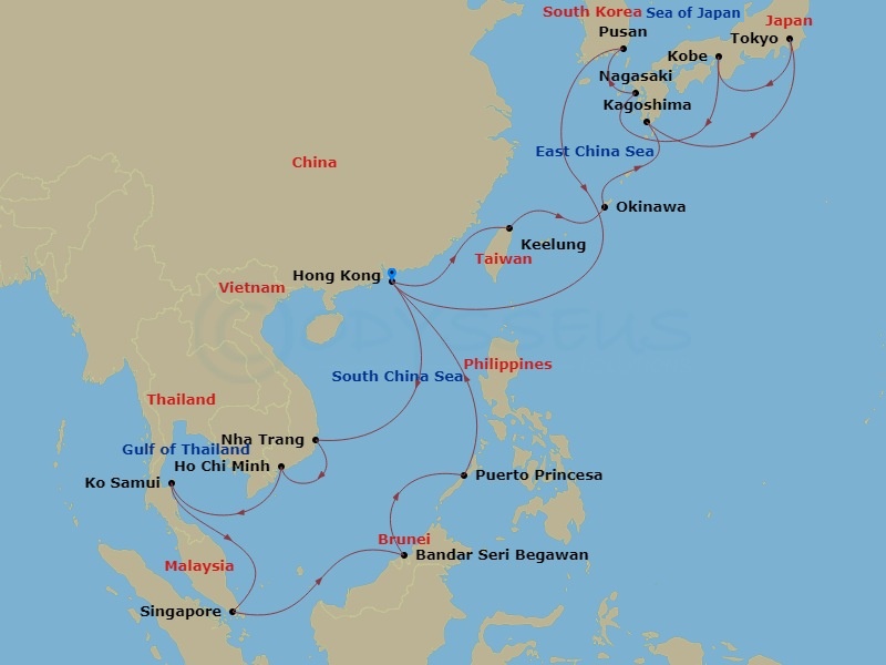 Costa Serena - 28 Night - Far East from Hongkong - Costa Serena - Starting in Hong Kong, Keelung, Taiwan, Okinawa (Naha), Kagoshima, Tokyo, Kobe (Kyoto), Nagasaki, Pusan, Ho.. itinerary map