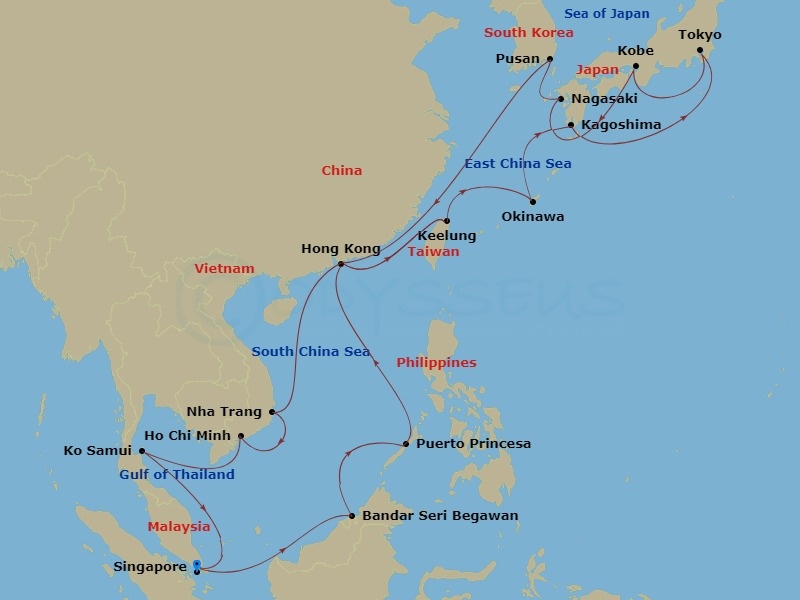 Costa Serena - 28 Night - Far East from Singapore - Costa Serena - Starting in Singapore, Bandar Seri Begawan, Brunei, Puerto Princesa, Hong Kong, Keelung, Taiwan, Okinawa (.. itinerary map