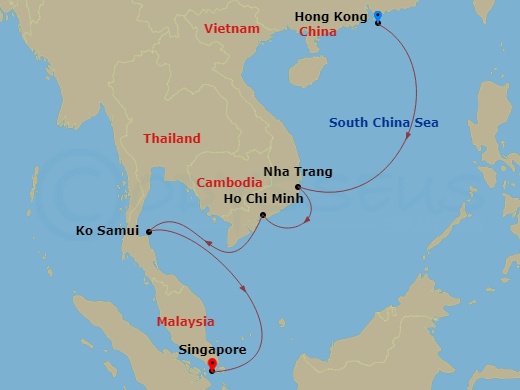 Costa Serena - 7 Night - Far East from Hongkong - Costa Serena - Starting in Hong Kong, Nha Trang, Phu My, Vietnam, Koh Samui, Thailand, Singapore itinerary map