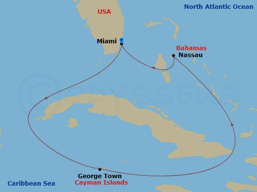 RCL Freedom of the Seas - 5 Night - Western Caribbean Cruise - RCL Freedom of the Seas - Starting in Miami, Florida, George Town, Grand Cayman, Nassau, Bahamas, Miami, Florida itinerary map