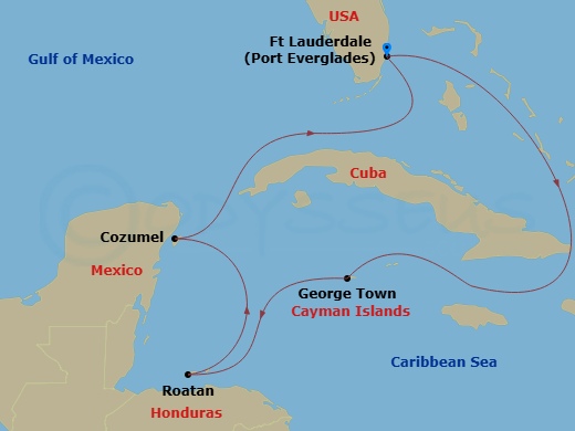 Sun Princess - 7 Night - Western Caribbean with Grand Cayman Holiday - Sun Princess - Starting in Fort Lauderdale, Florida, Grand Cayman, Cayman Islands, Roatan (Mahogany Ba.. itinerary map