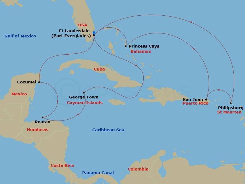Sun Princess - 14 Night - Eastern / Western Caribbean Adventurer Holiday - Sun Princess - Starting in Fort Lauderdale, Florida, Grand Cayman, Cayman Islands, Roatan (Mahogan.. itinerary map