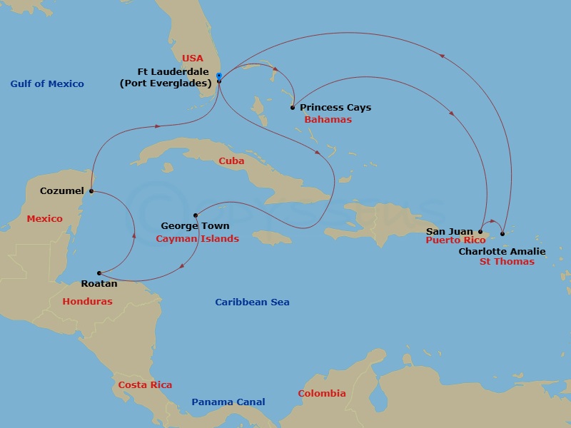 Sun Princess - 14 Night - Eastern / Western Caribbean Adventurer Holiday - Sun Princess - Starting in Fort Lauderdale, Florida, Grand Cayman, Cayman Islands, Roatan (Mahogan.. itinerary map