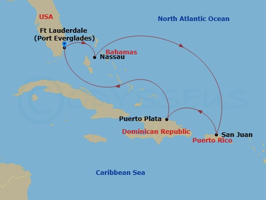 RCL Oasis of the Seas - 6 Night - Western Caribbean Cruise - RCL Oasis of the Seas - Starting in Fort Lauderdale, Florida, Nassau, Bahamas, San Juan, Puerto Rico, Puerto Plata, Domin.. itinerary map